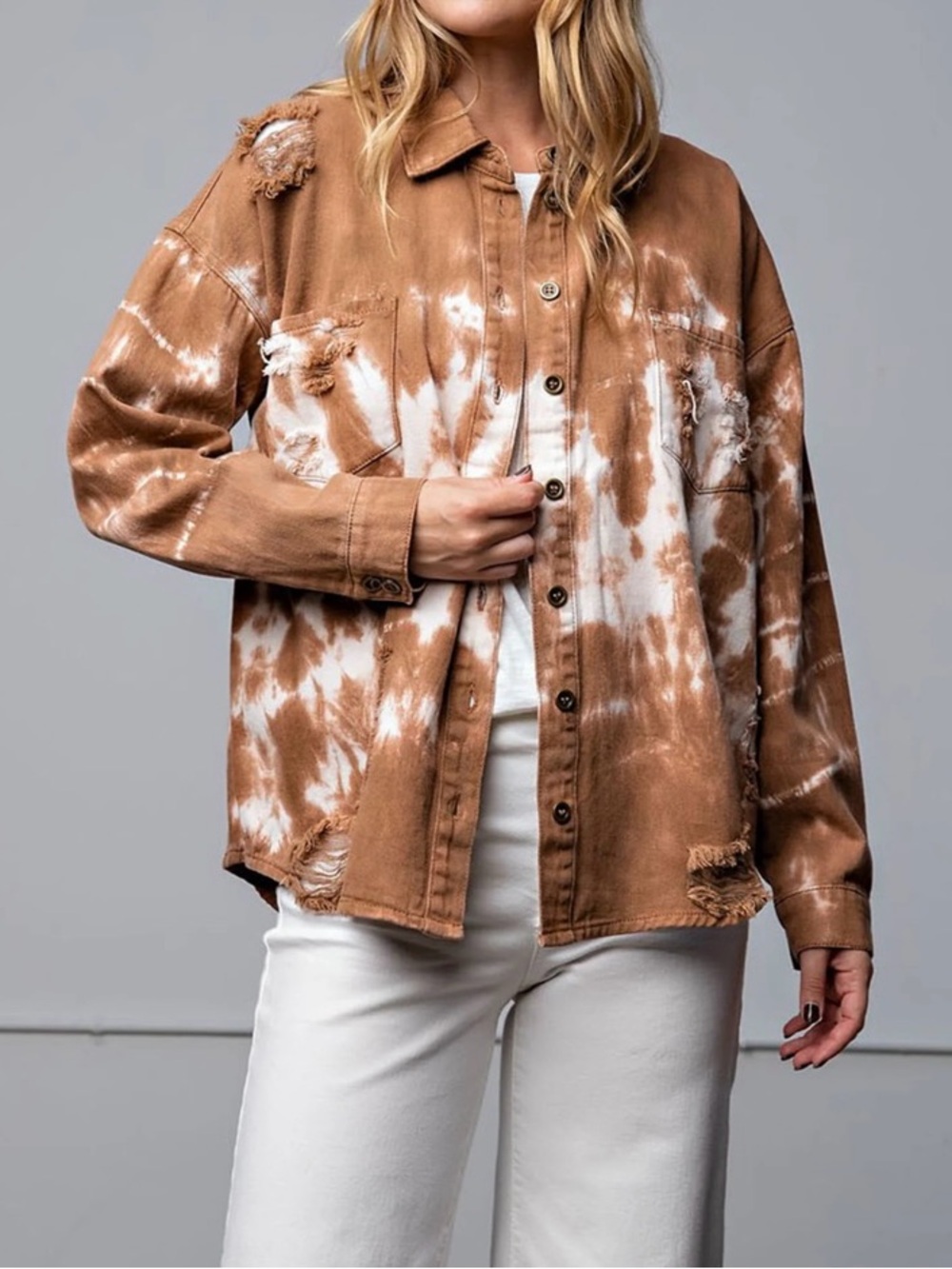 NWT easel Brown and White Tie-Dye Button-Up Shacket, 100% Cotton, size M
